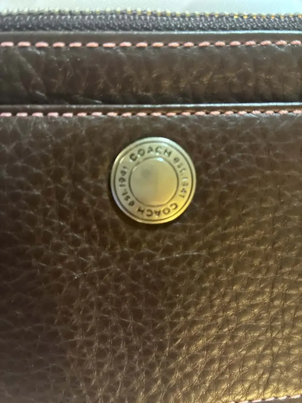 Coach Est. 1941 Brown Pebbled Leather Zip Wristlet with Pink Stitching